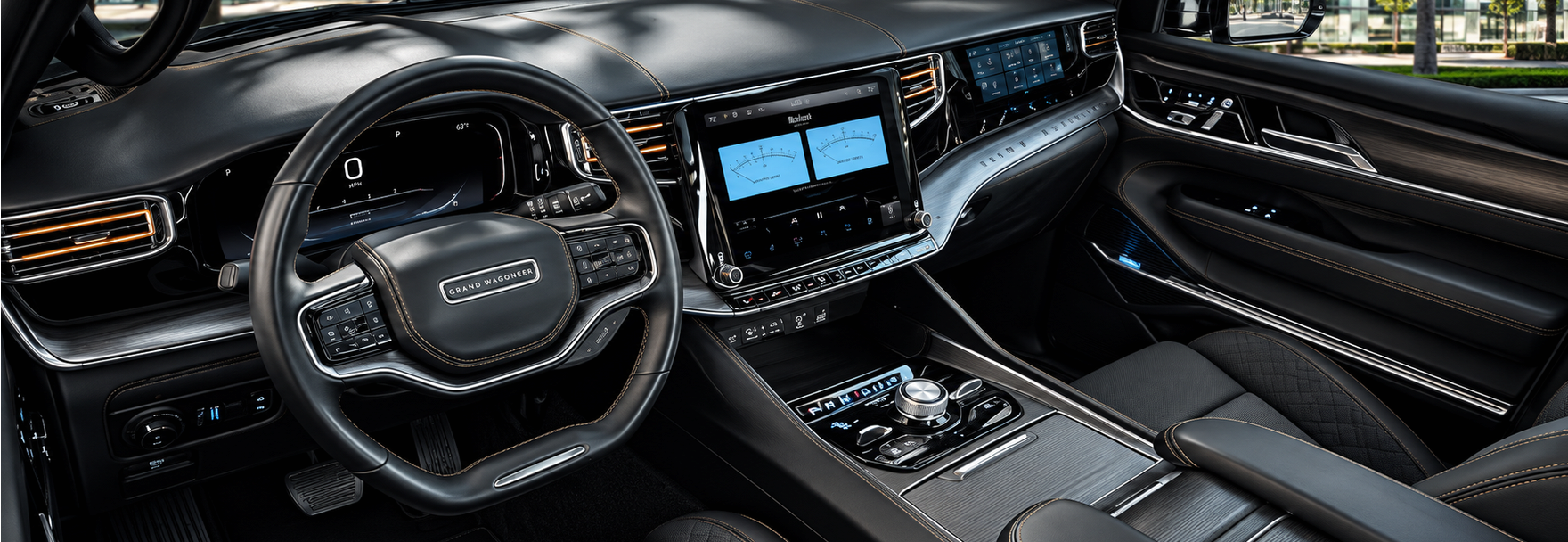 Driver&rsquo;s seat view of the steering wheel and dashboard screens