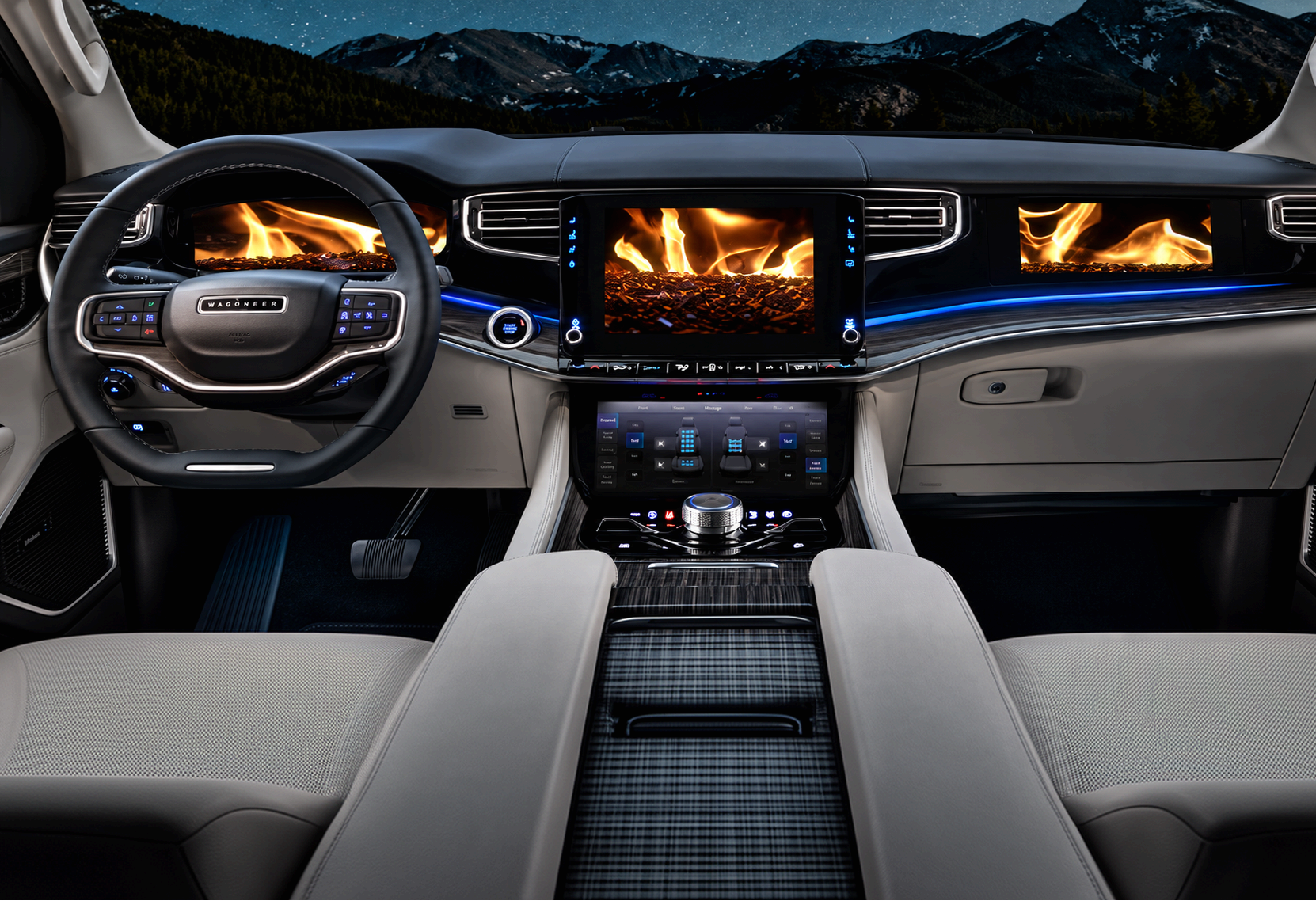 Dashboard screens showing a crackling Fireplace Mode display