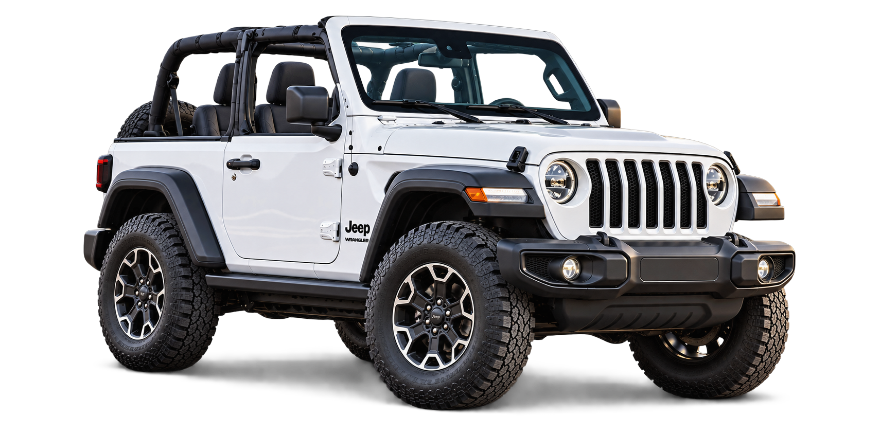 White Jeep Wrangler with its roof and doors removed
