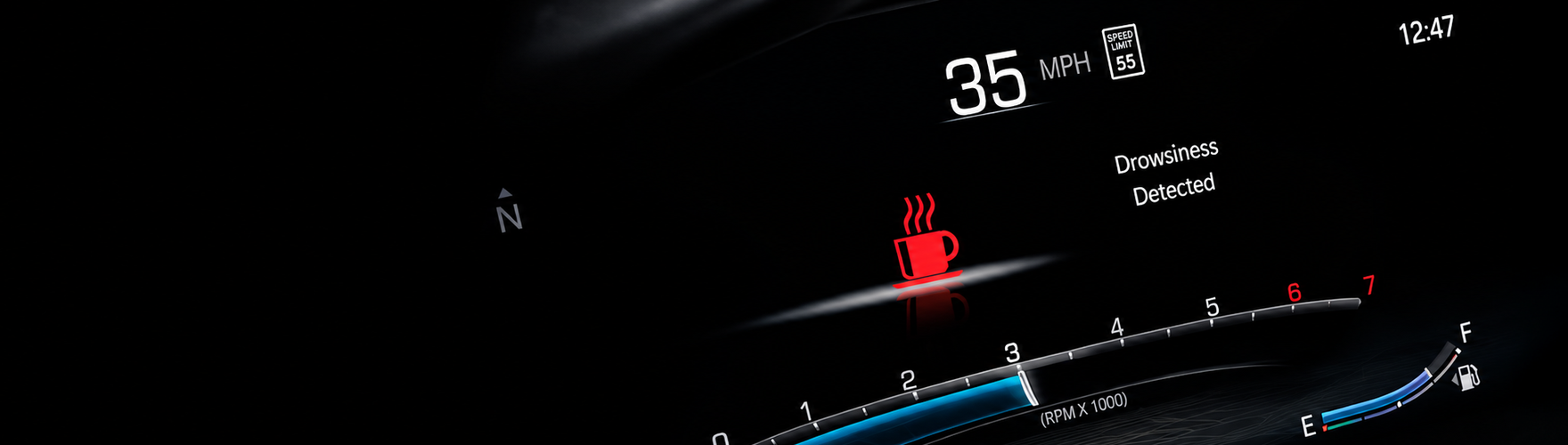 Instrument cluster showing a Drowsiness Detected alert