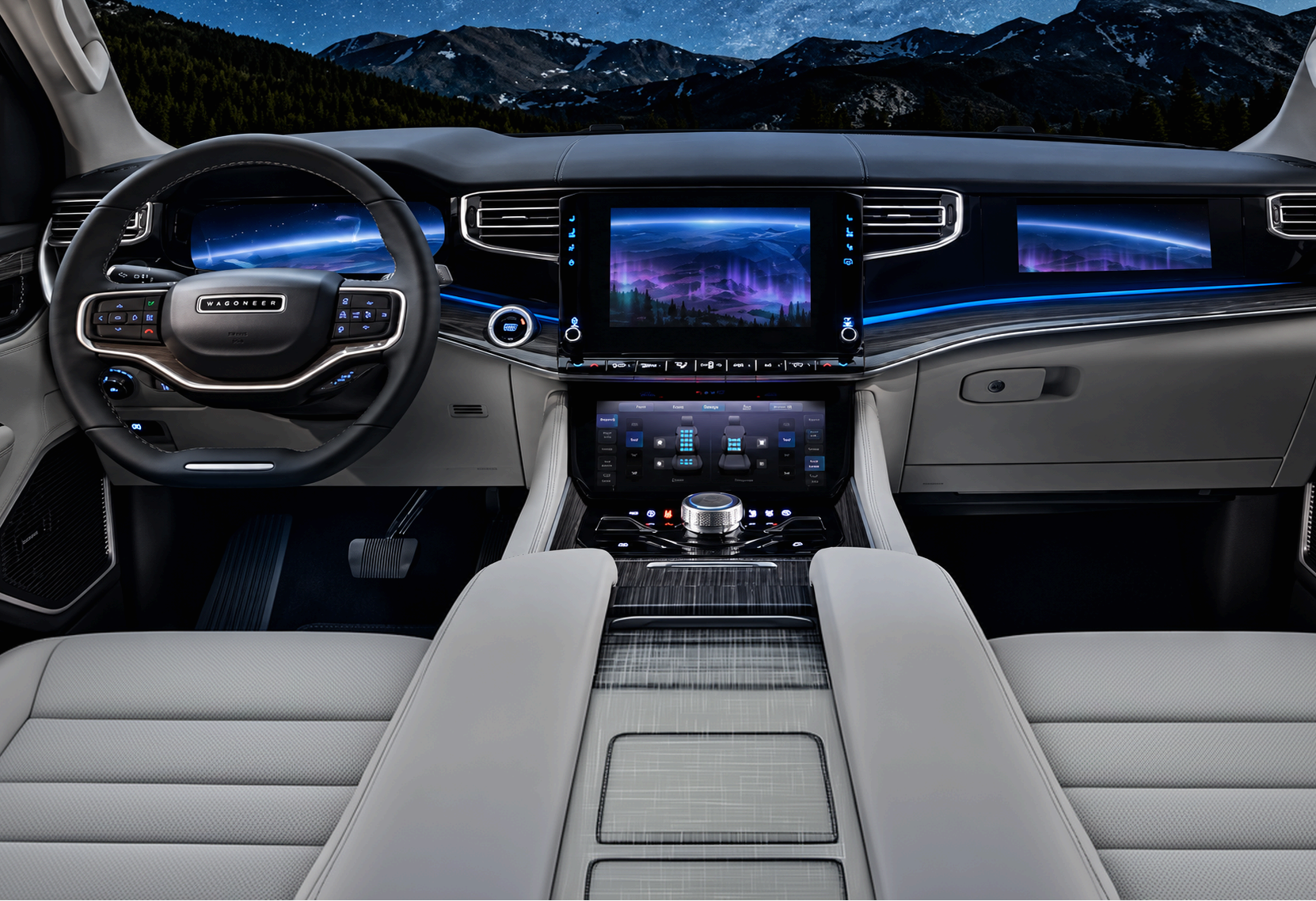 Dashboard screens showing a starry Aurora Mode display