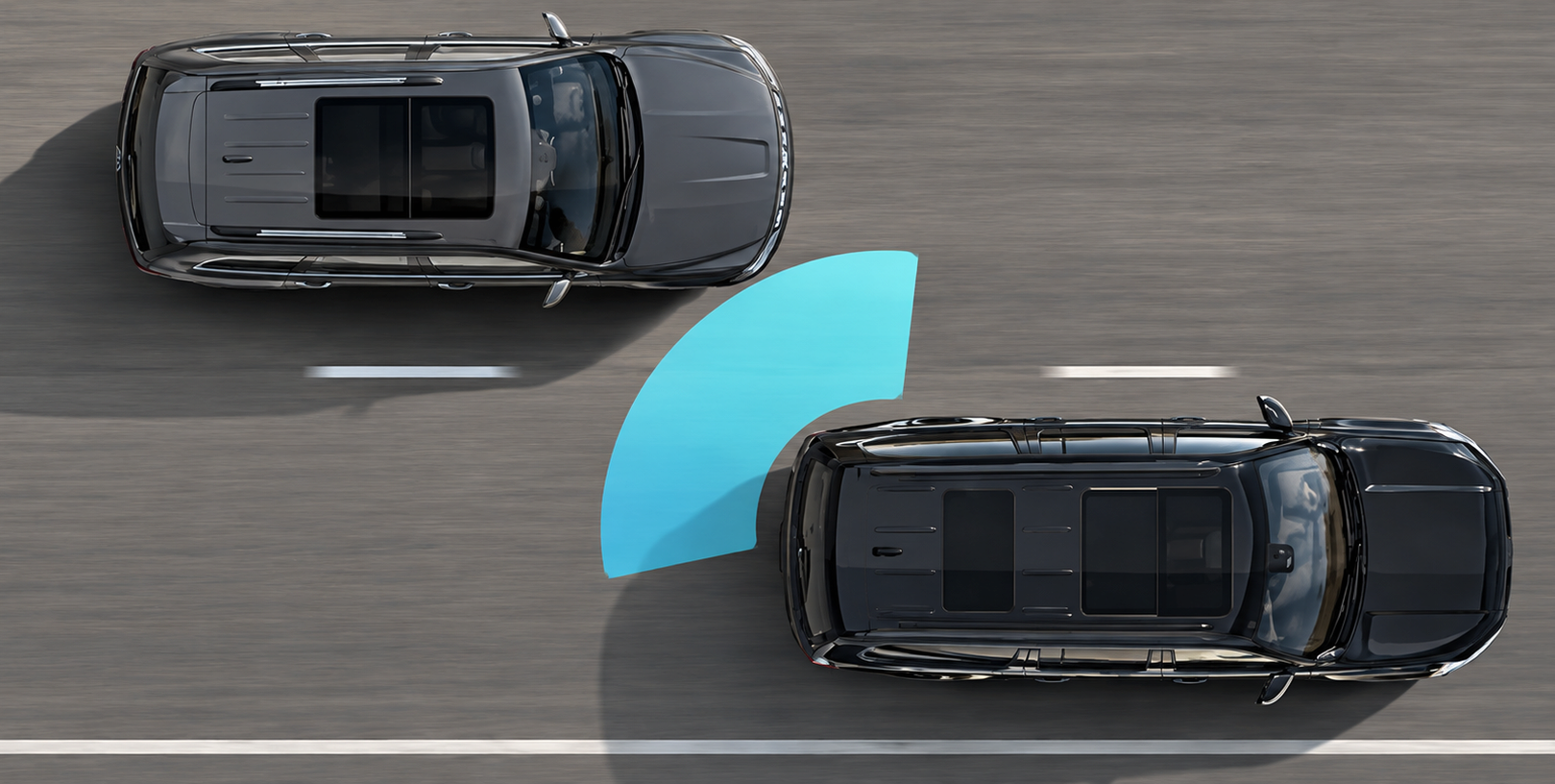 Overhead view of a Grand Wagoneer sensing a car in its blind spot