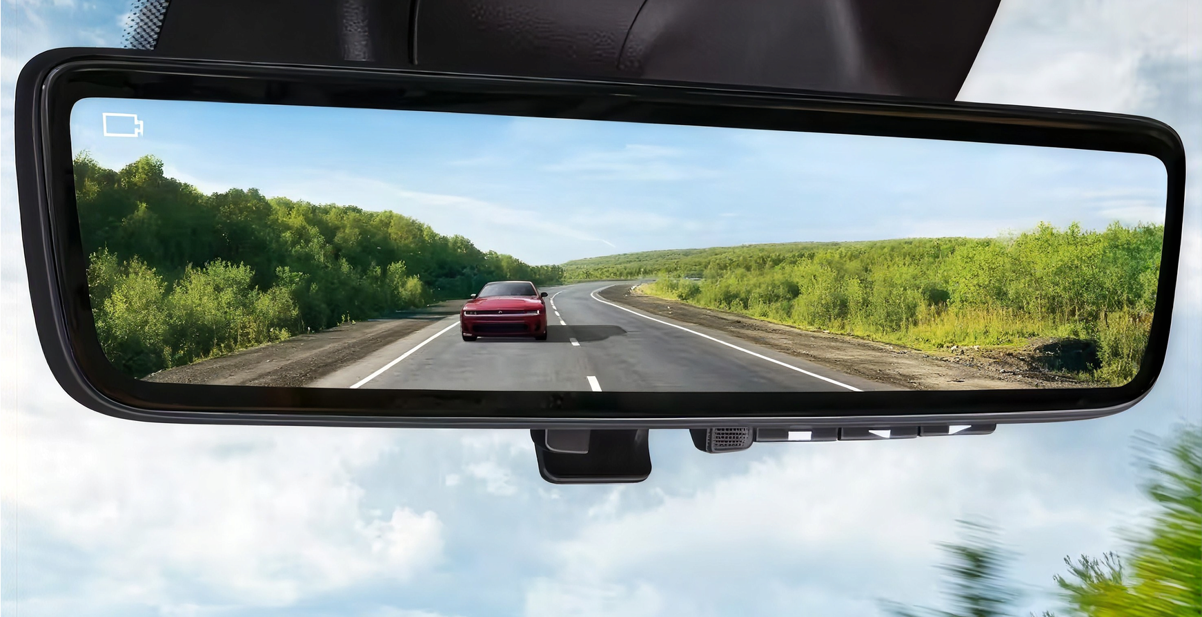 Digital rearview mirror showing the road behind