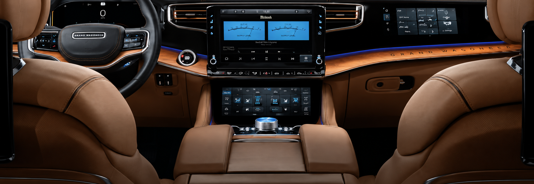 Wide view of the dashboard with its driver, center and passenger screens