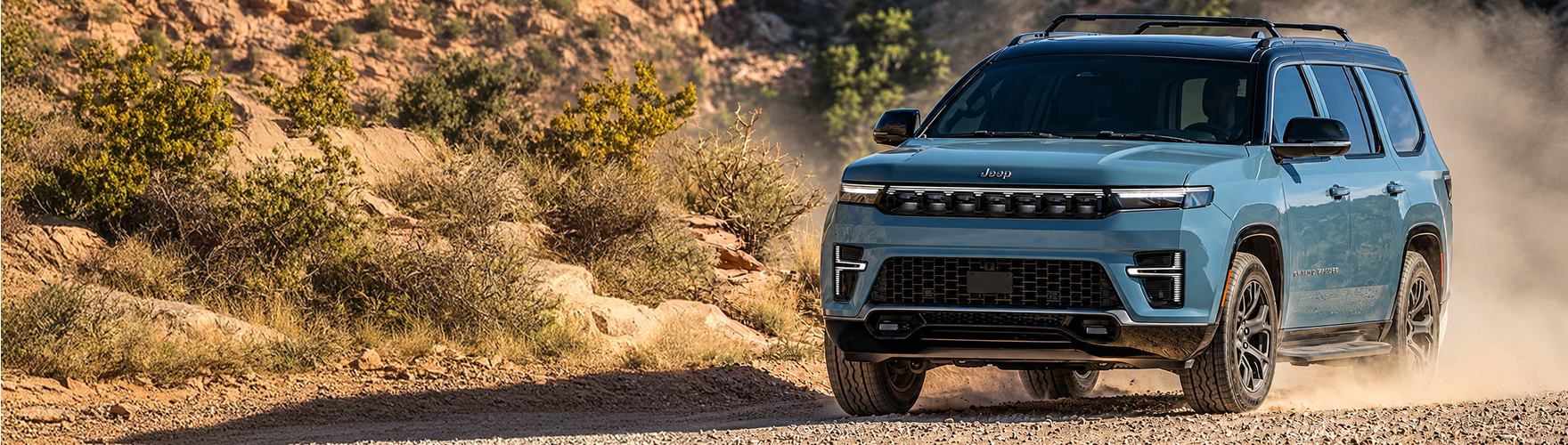 Light blue 2027 Jeep Grand Wagoneer Upland driving through a cloud of desert dust