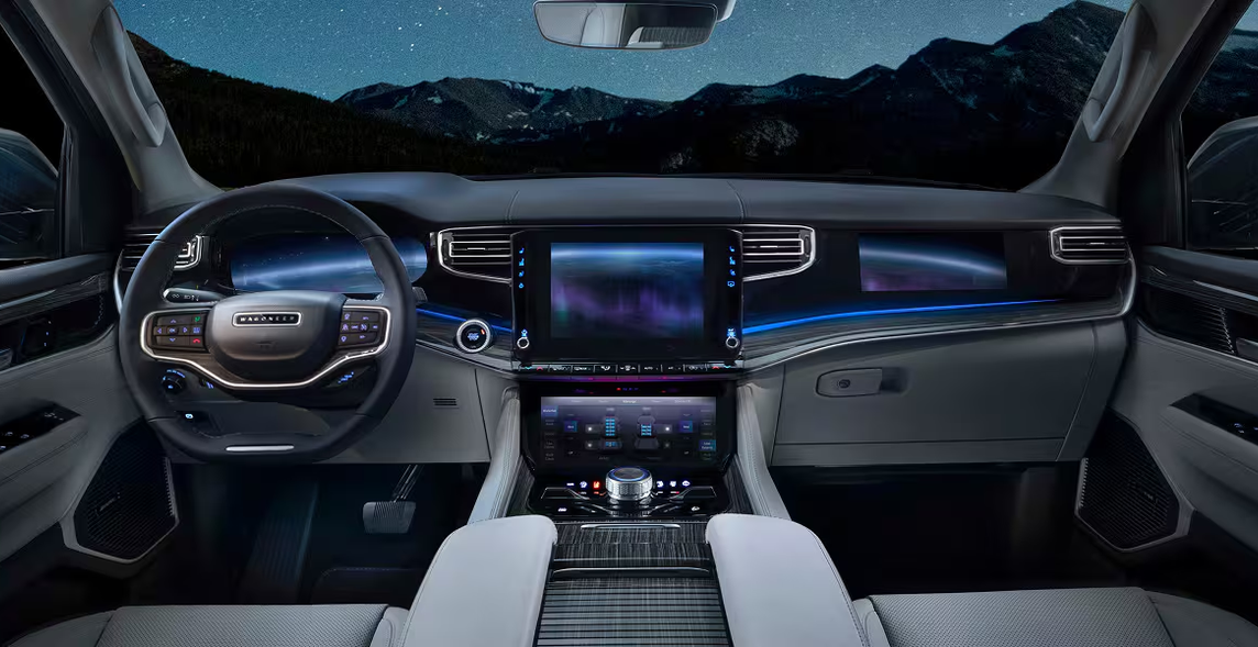 Cabin glowing with blue ambient lighting under a twilight sky